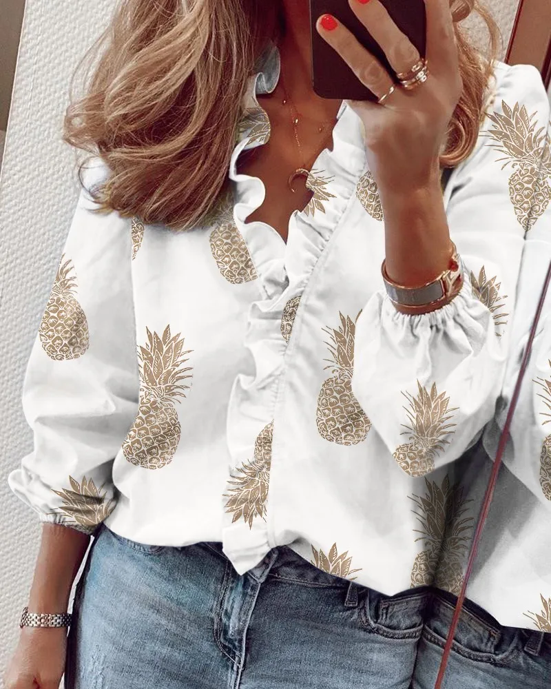 

ZC00125 Pineapple Blouse Women's Shirt White Long Sleeve Blouses Women 2021 Womens Tops and Blouse Elegant Top Female Spring