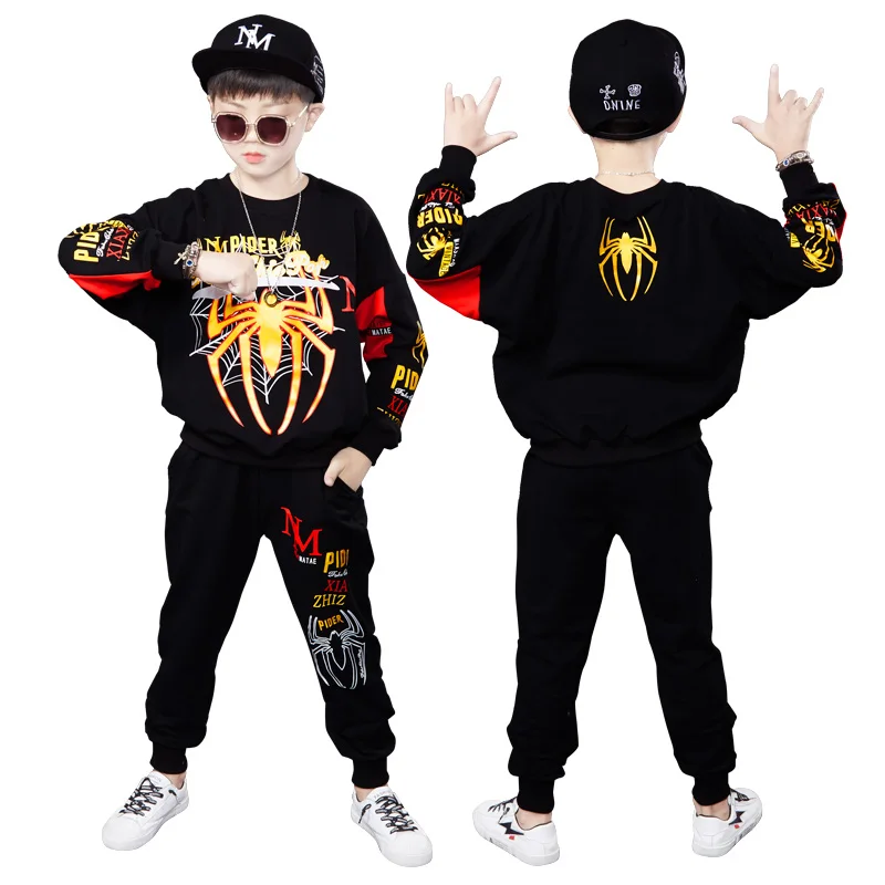 

Boys clothes sport suit casual boys clothing 2021 autumn Big spider print Tracksuit Boys Long Sleeve Loose Hooded sweater set, Black