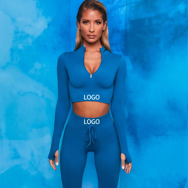

Custom Fitness Sport Gym Long Sleeved Crop Top And Adjustable Drawstring Pants 2 Pcs Seamless Activewear Set, Customized colors