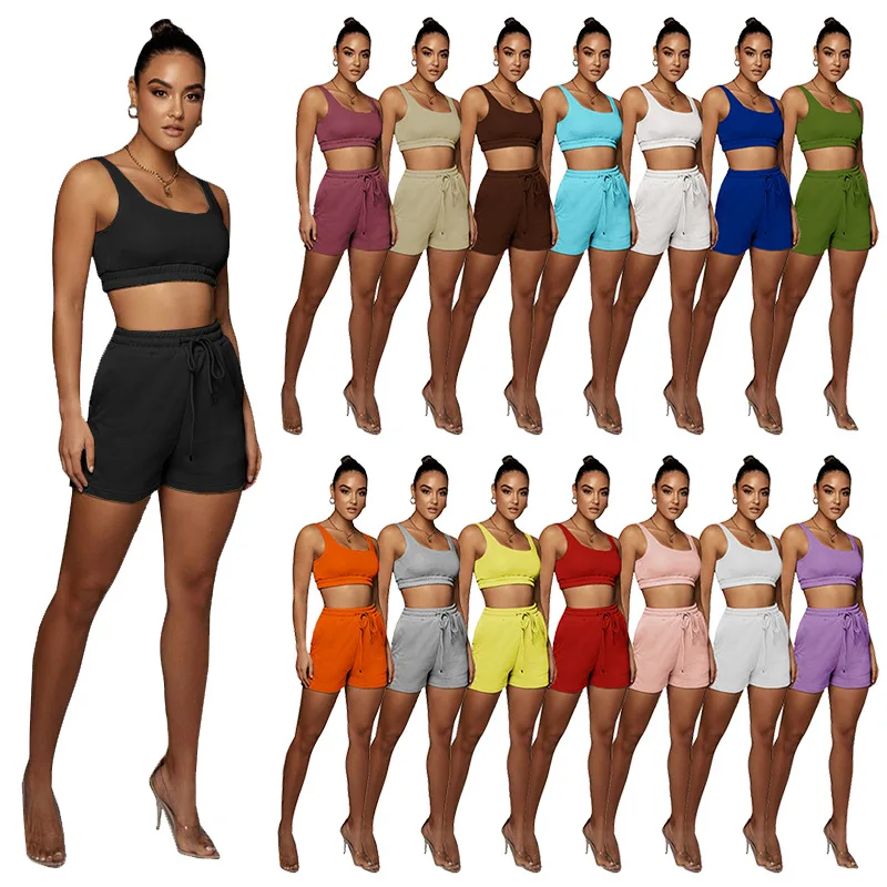 

Women's Summer Sexy Cool Sport Suit Solid Sleeveless Open Navel Double Layer Vest Casual Sports Shorts Suit Yoga Two Piece Set