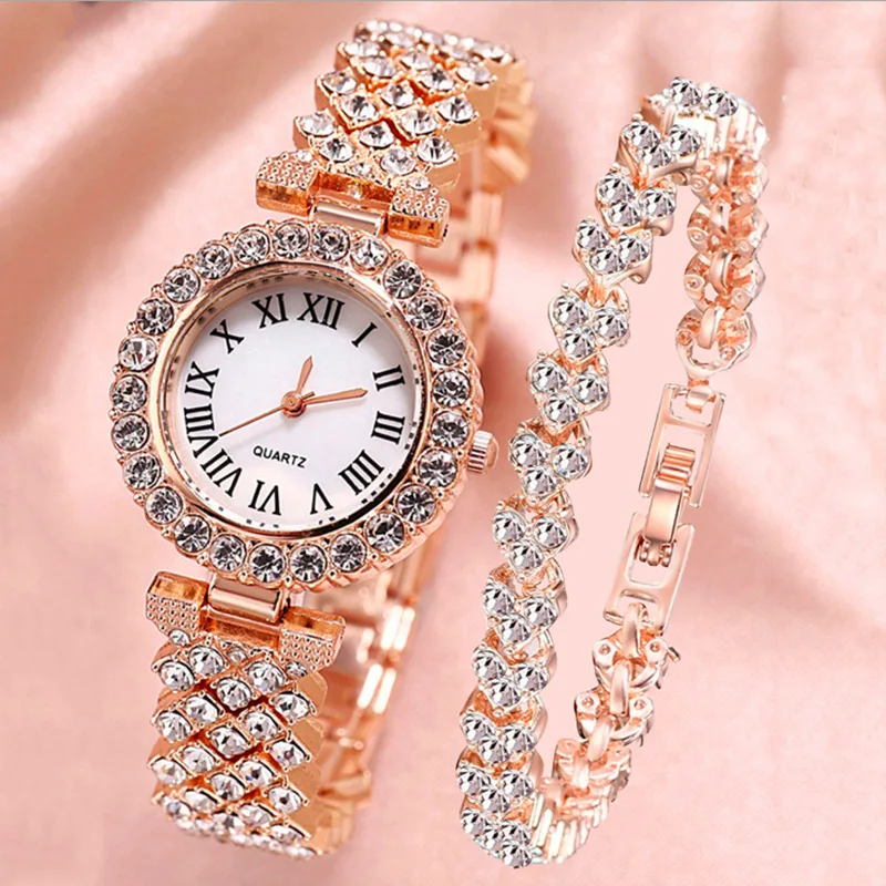 

2pcs Set Women Ladies Diamond Iced Out Quartz Wrist Watch Rose Gold Full Diamond Bracelet Watches Gift Sets, Picture shows