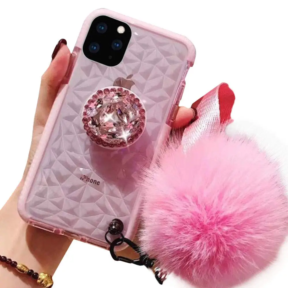 

Fashion Diamond Pattern Soft Silicone Clear TPU Full-Body With Stand and Hair ball cell phone case For iphone 11 6.1 inch