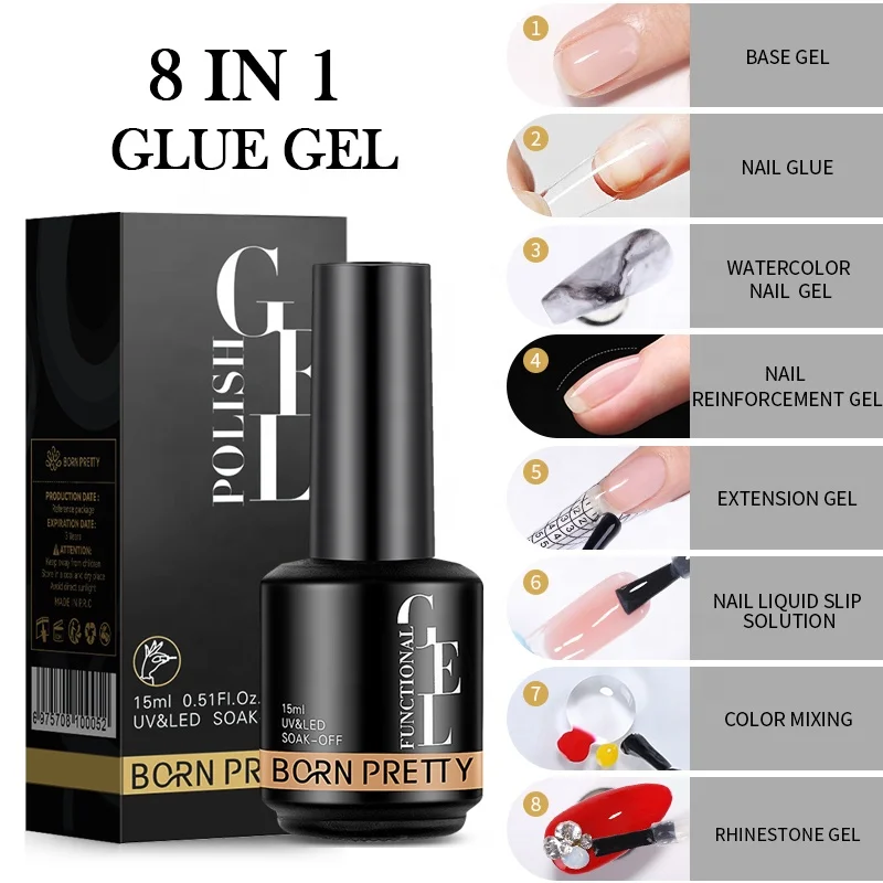 

BORN PRETTY 15ml Multifunction 8 IN 1 Nail Polish Glue Gel Creat Your Own Brand for Press on Nails Glue Nail Extension