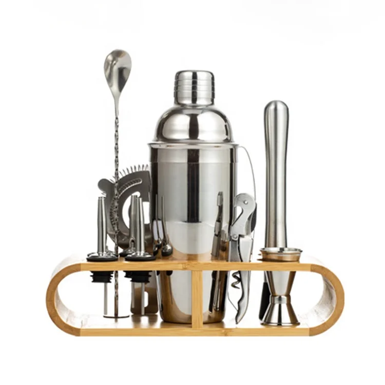 

Manufacturer cocktail shaker 9 pcs set 750ml stainless steel bar bartender tool kit with wood stand, Sliver