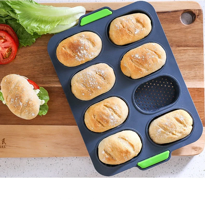 

2020 New Hot Sale Nonstick 8 Cavity Silicone perforated Baguette Pan for French Bread Baking - Soft Grip Mini Loaf Pan