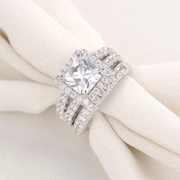 

Hot Sale 2 Pieces Silver Wedding Ring Set For Women Luxury Minimalist Jewelry High Quality Zircon Engagement Rings