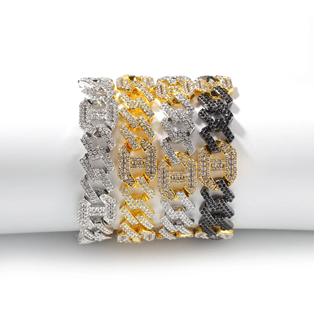 

Hip Hop Bracelet Exaggerated Color Matching 17Mm Geometric Shape Diamond Bar Cuban Chain Bracelet Jewelry, Silver,gold or custom