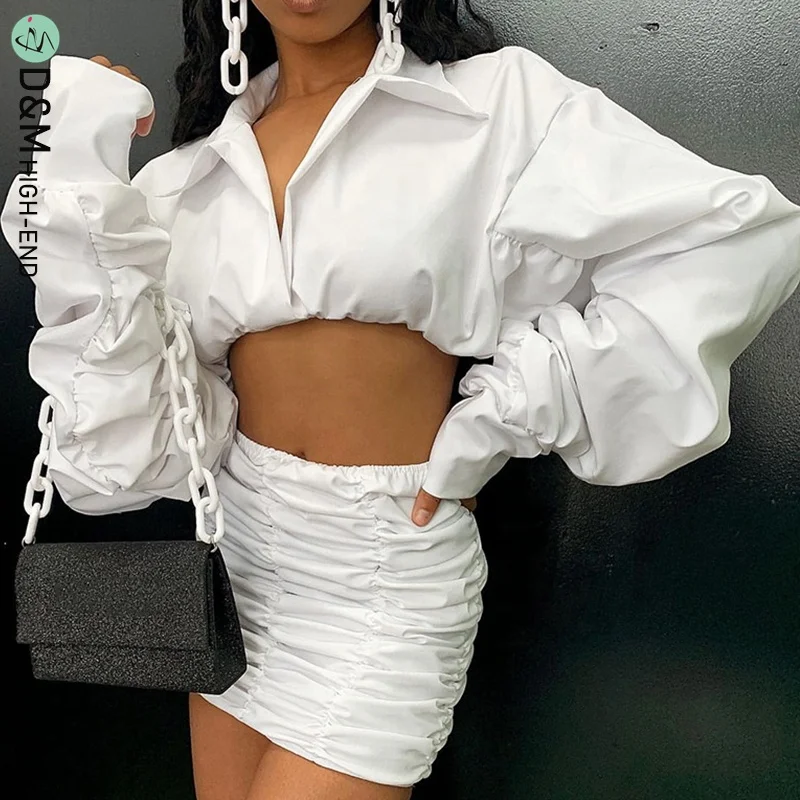 

2022Luxury Ladies Party Beach Casual Couples Clothing Women's Sexy White Long Puff Sleeve Tops Pleated Skirt Two Piece Set