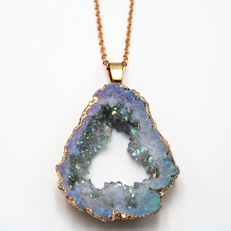 

DIY jewelry accessories rough agate and electroplated edge natural geode pendant gilt necklace, Picture shows