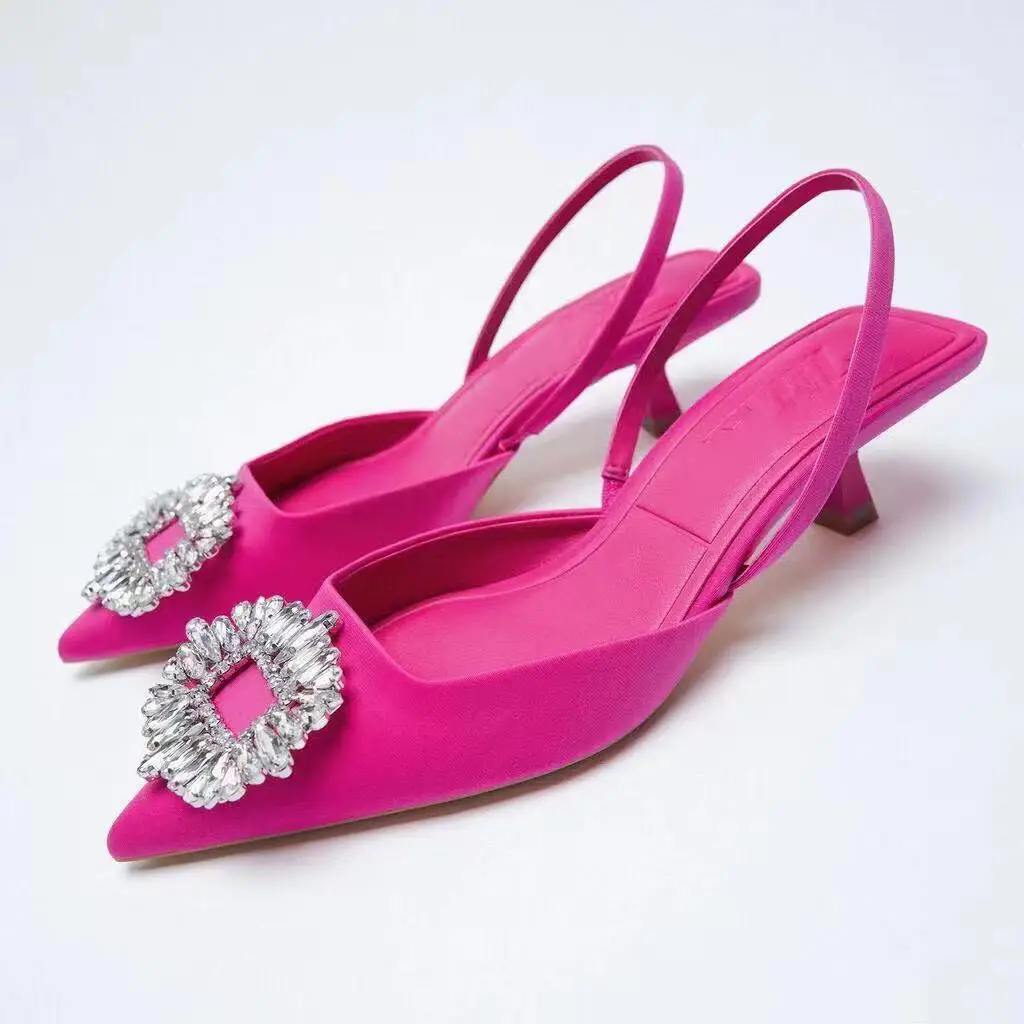 

Brand shoes women wedding collection gem-embellished slingback lady sandals kitten heels pointed toe slip on female pumps