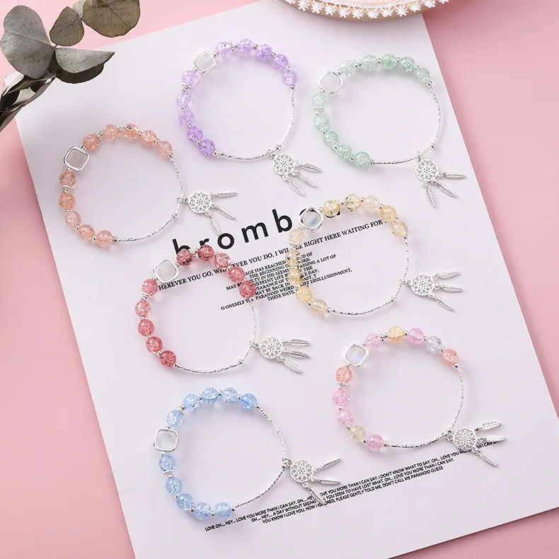 

Korean Strawberry Crystal Bracelets Women Pink Crystal Beaded Bracelet Dreamcatcher Feather Charm Bracelet (KB8279), As picture