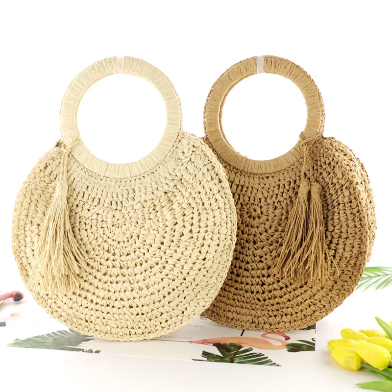 

Wholesale custom bohemian summer round beach bag with tassels straw tote handbag for women, Beige