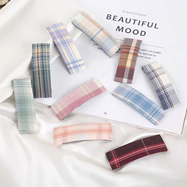 

College Style Rectangular Hairpin Fashion Plaid Fabric Hairpin, Picture