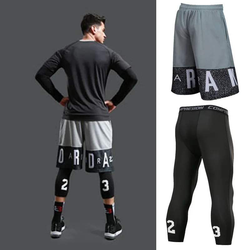 

Wholesale basketball suit men's No. 23 tight high elastic leggings + quick-drying breathable fitness five-point sports short, Custom color