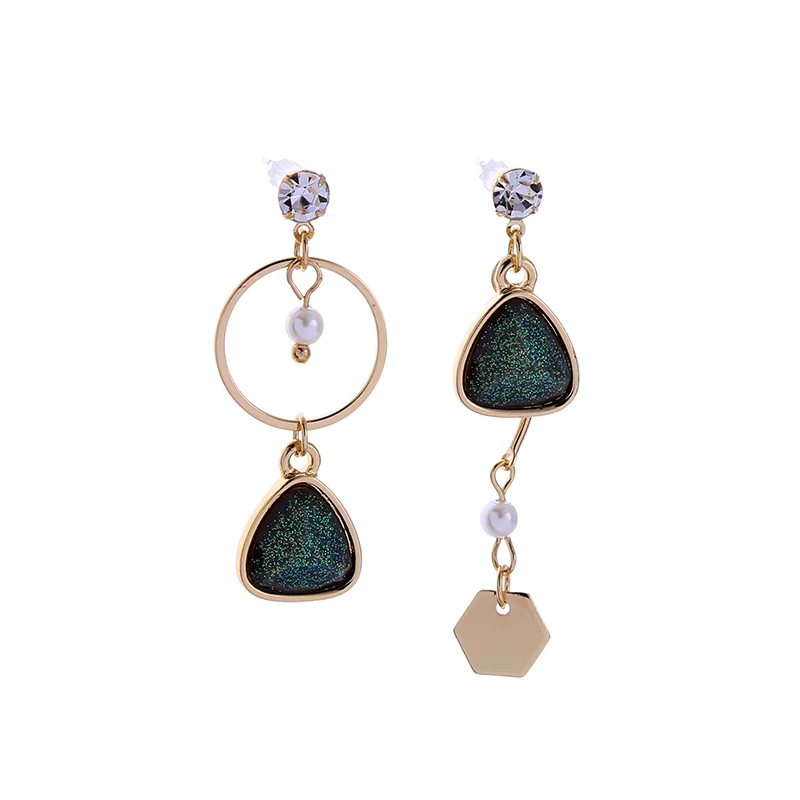 

de980207 Moda Bijoux Joyas Asymmetric Long Geometric Stylish Crystal Pearl Gemstone Resin Jewelry Women Pendant Earrings, Gold