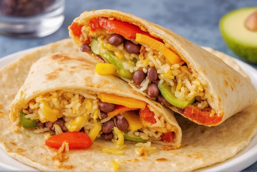 Finished three pepper burrito sliced open to show colorful pepper filling with rice, beans, and cheese