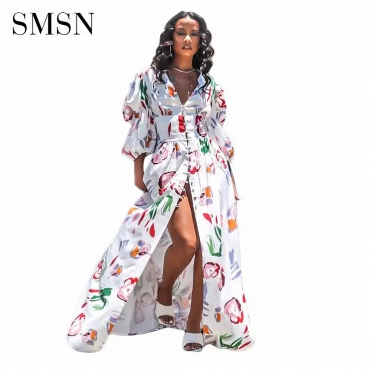 

High Quality Sexy Dresses 2021 V - Neck Sexy Bubble Sleeve Print Single Breasted Split Fork Maxi Floor-Length Dresses