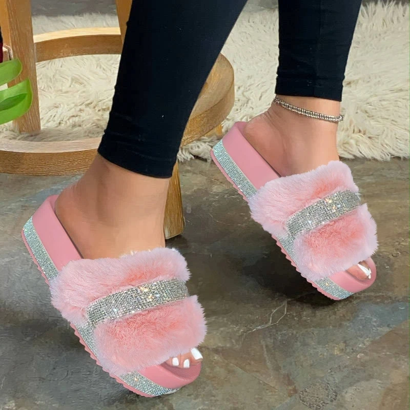 

Women Outdoor Fur Flat Sandals Plush Casual Shoes Home Comfortable Furry slippers, Different colors and support to customized