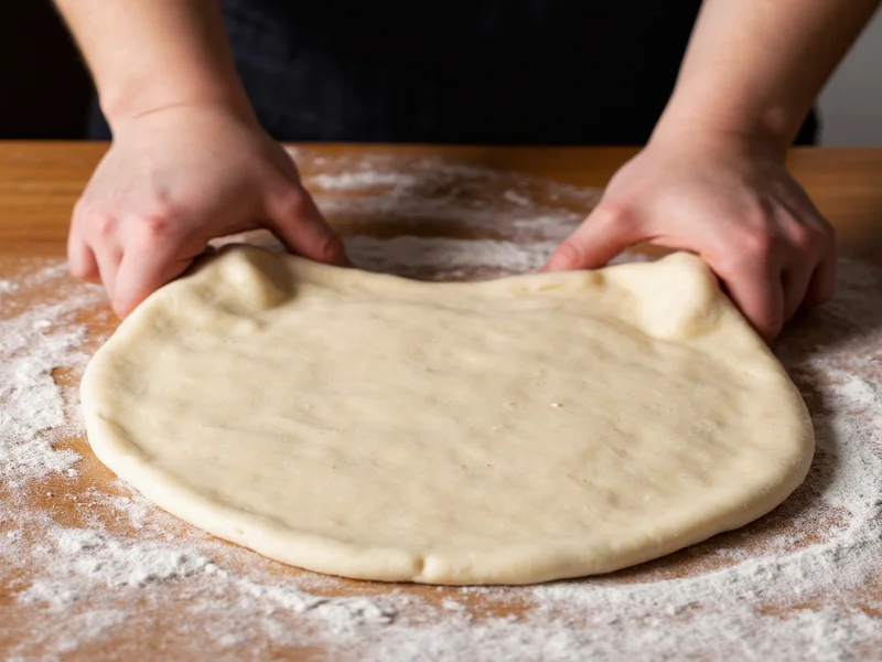 Stretching homemade pizza dough on floured surface