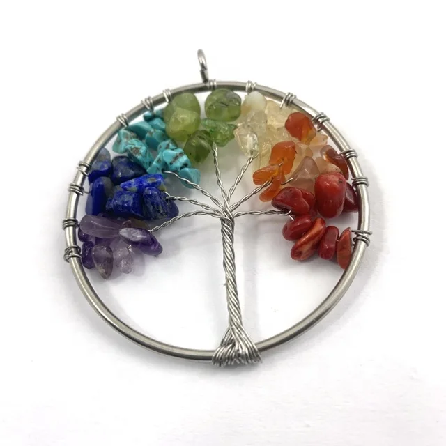 

Wholesale Round  Beaded Gemstone Fire Agate Stainless Steel Tree Of Life Pendant