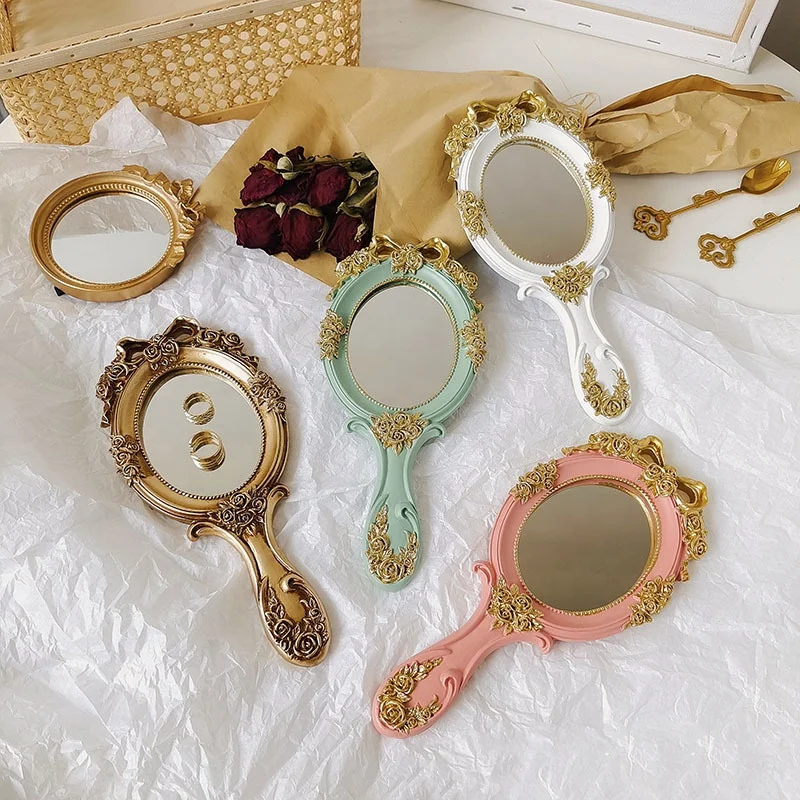 

Handle Mirror Rose Flower Carved Handicraft Rococo Princess Style Makeup Mirror Mirrors Style Single Wood European Daily Makeup