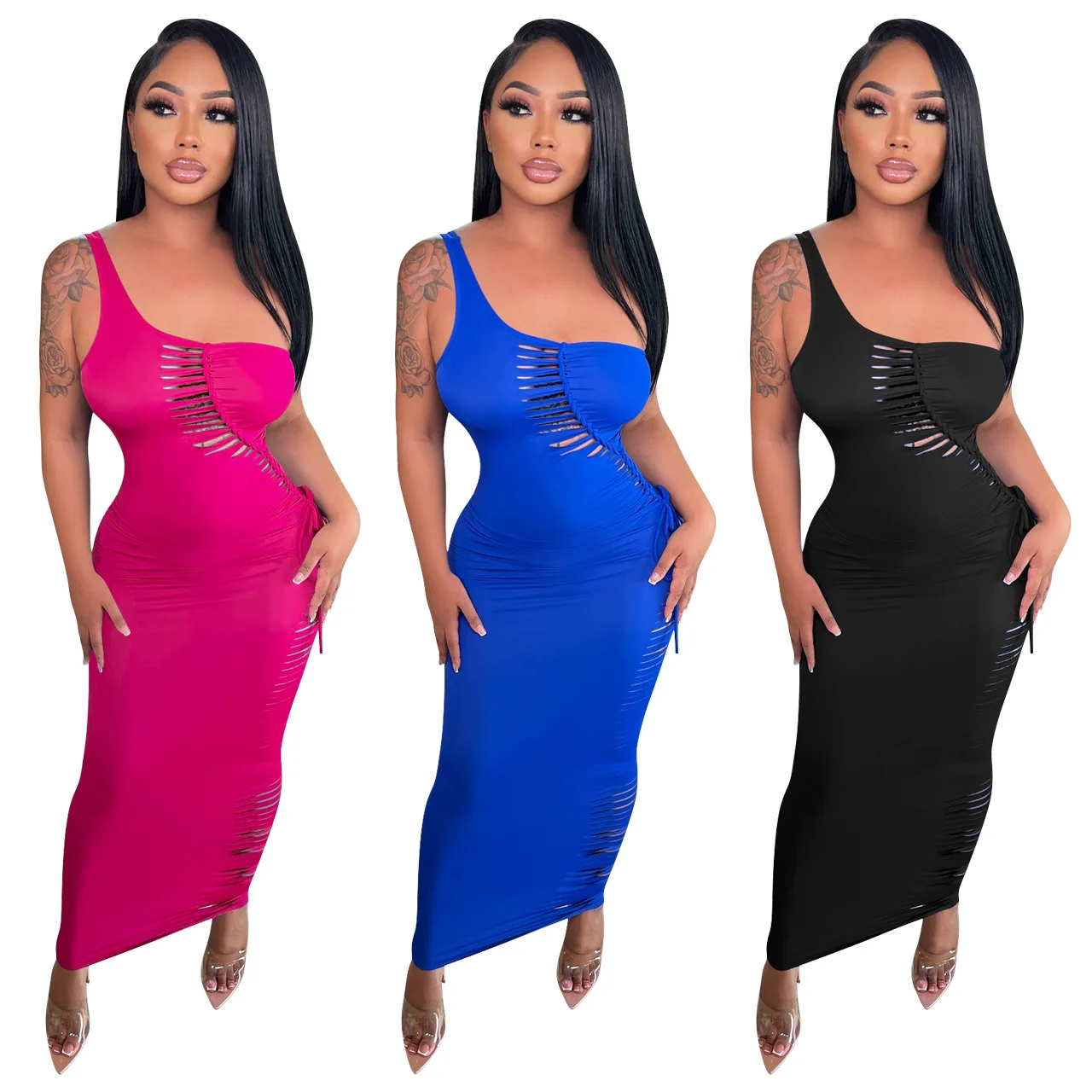 

Women Solid Cut Out Casual Summer 2022 One Shoulder Sleeveless Bandage Dress Ripped Bodycon Maxi Club Dresses, Black,blue,rose red