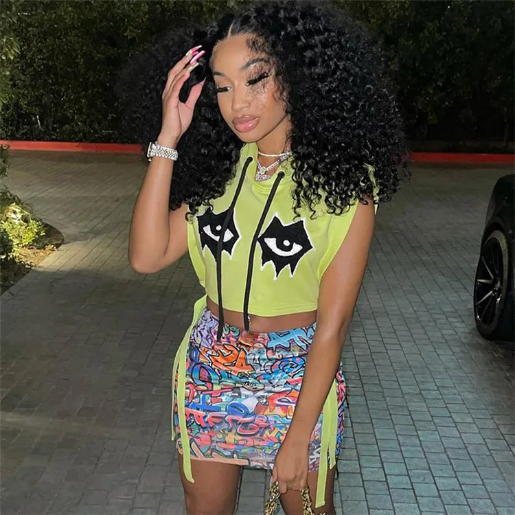 

Stylish Street Wear Ladies Crop Tops Sleeveless Hooded Bandage Summer Women Graphic T-shirt