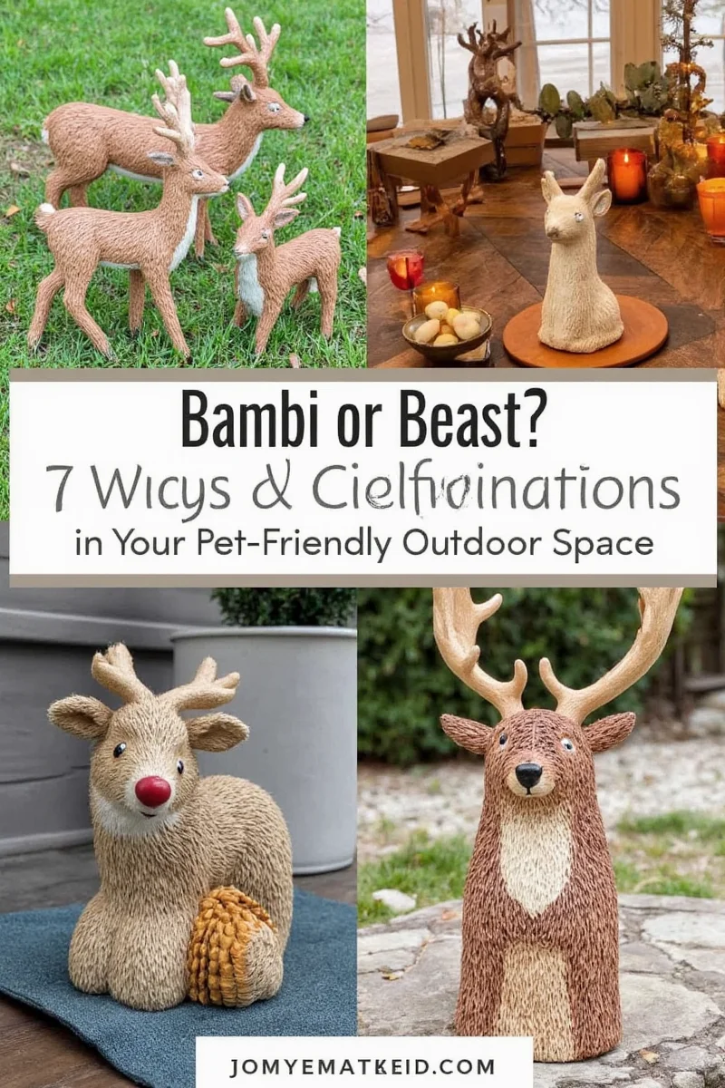 Comparison of different materials used in outdoor deer decorations including fiberglass, polyresin, metal, and wood.