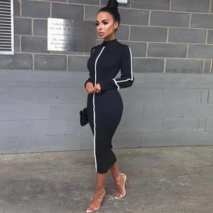 Wholesale Women Bodycon Dress Long Sleeve Midi Dress Ladies Skinny High Neck dress 2