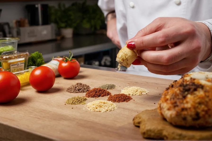 Chef's hand measuring various spice substitutes into a recipe while preparing Middle Eastern cuisine