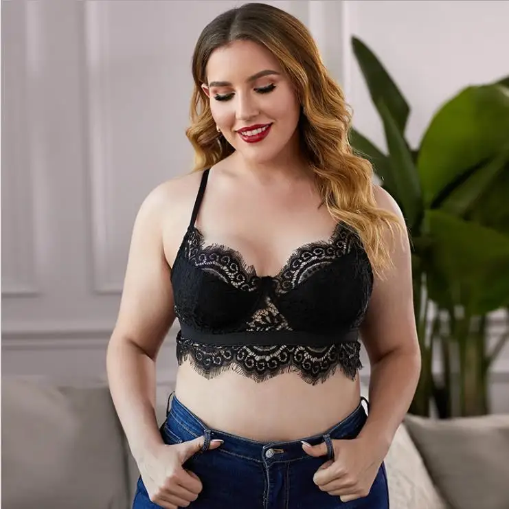 

Wireless Seamless Daily sexy Black lace plus size gather elegant push up women bra