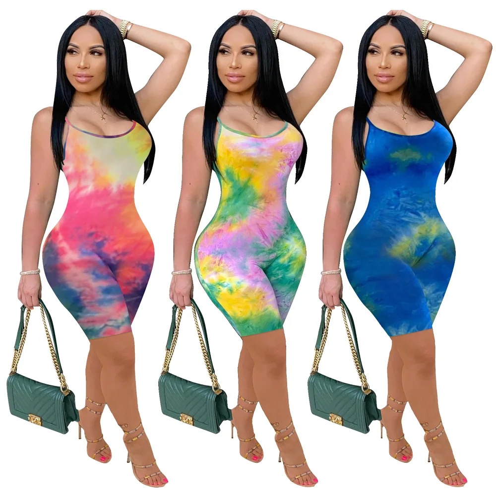 

2021 New Arrivals Bodysuit Club Tie Dye Jumpsuit Short Bandage Breathable Jumpsuits Fashion Lady Summer Sleeveless Sexy Skinny