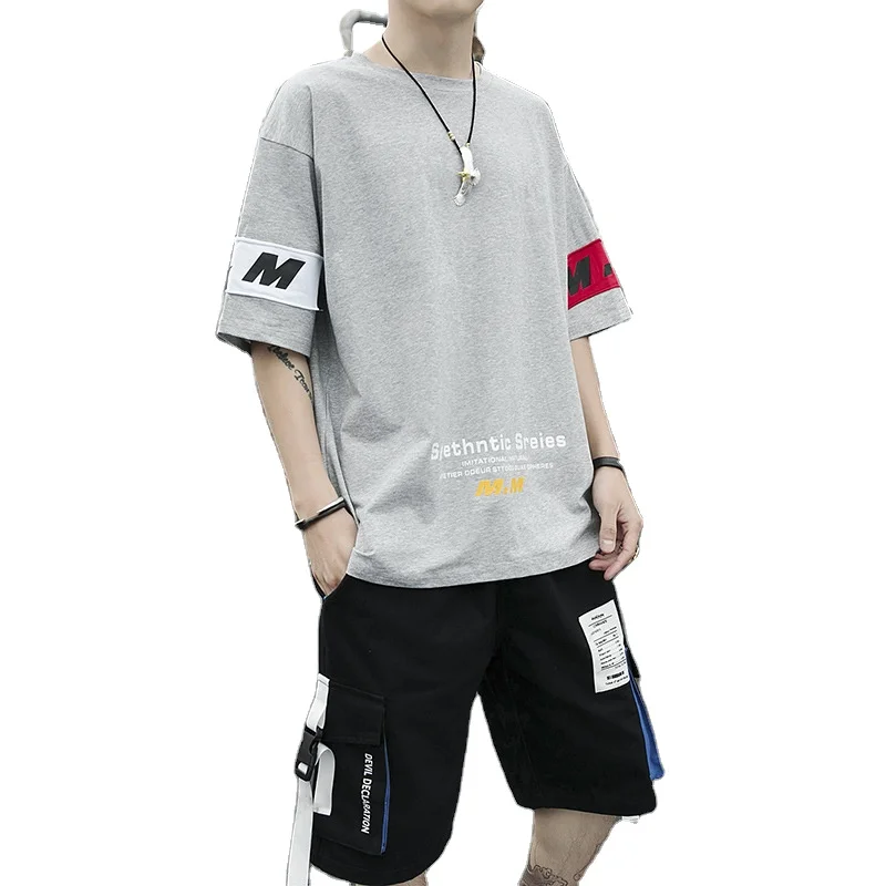 

Korean Edition Student Summer sports suit Short Sleeve T-Shirt loose men's casual wear trend Summer and handsome two piece set