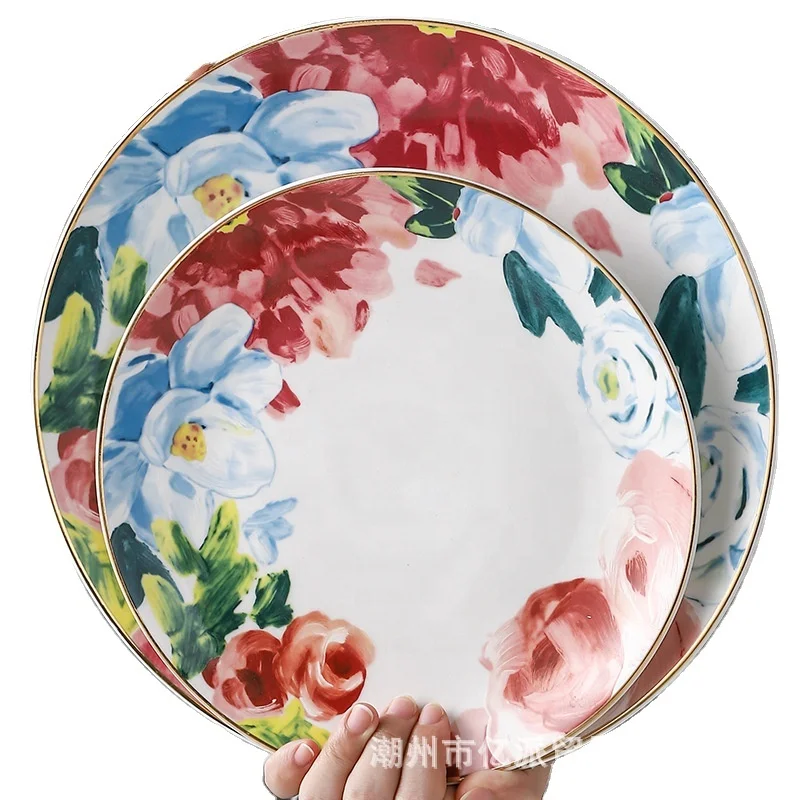 

Pastoral style spring flower pattern hand painted 8" / 10" ceramic tableware pasta steak dinner breakfast plate