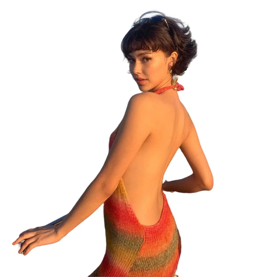 

K21D05181 Summer Sexy Knitted Rainbow Dress Halter Sleeveless V-Neck Halter Slim Stretch Elegant Women Dress