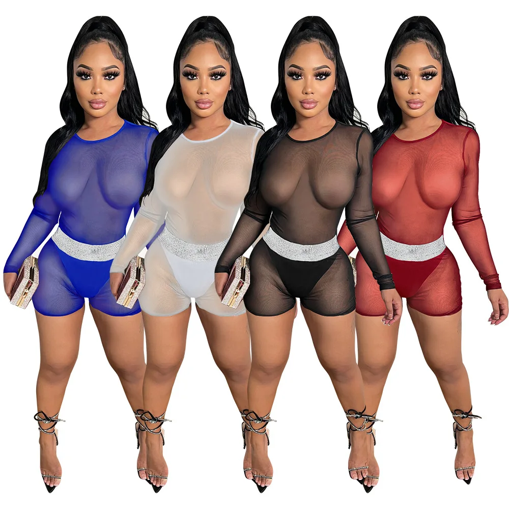 

Wholesale Solid Splice Mesh See Through Long Sleeve Tshirts And Slim Sports Shorts Women Casual Club Sexy Two Piece Sets