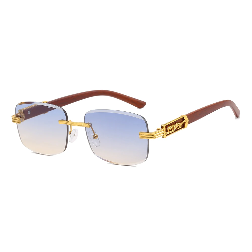 

Superhot Eyewear 10718 Fashion 2023 Rimless Rectangle Faux Wood Temple Sunglasses