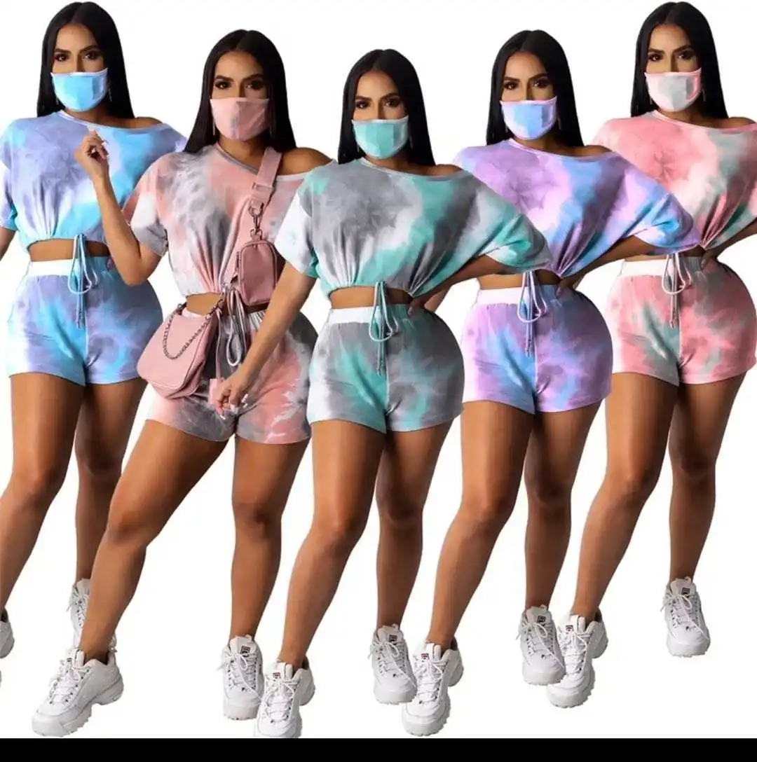 

Wholesale Womens 3 Pieces tie dye Printing Shorts And T-shirt Sets