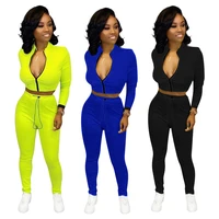 

9S03556 fall zipper crop top solid skinny Ladies 2020 Two Piece Set Women Clothing
