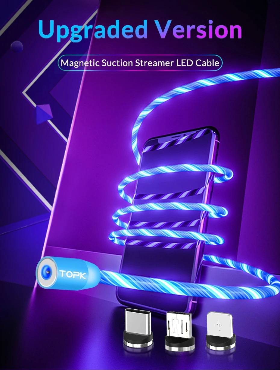 TOPK AM67 1M 3 In 1 Luminous LED Flowing Magnetic Phone Charging Cable For IOS Android Type C - ANKUX.COM