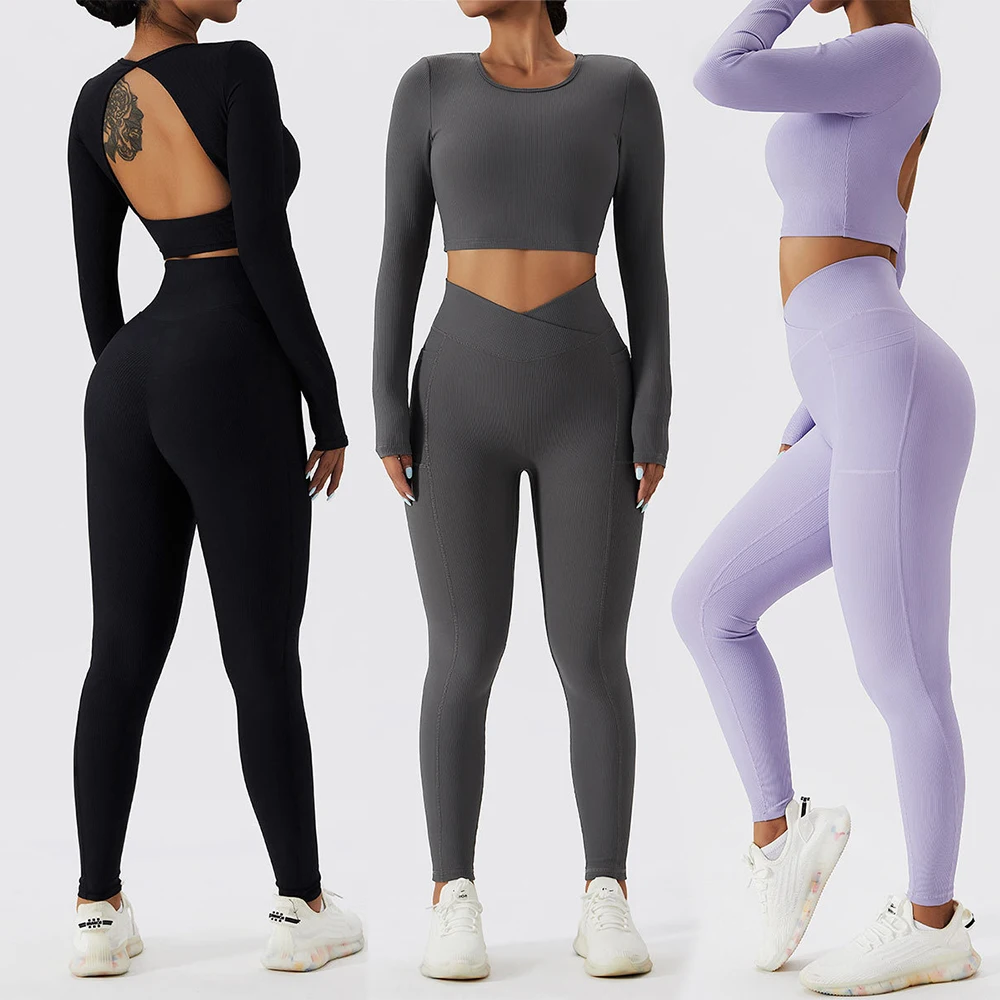 

2 piece ribbed suit two piece yoga leggings workout open back long sleeve crop top sports clothing sets for women