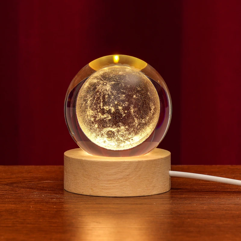 Factory Custom Popular Clear 3D Galaxy Moon Solar Souvenir Gifts LED Base 3D Laser Carved Crystal Glass Ball Sphere with Light