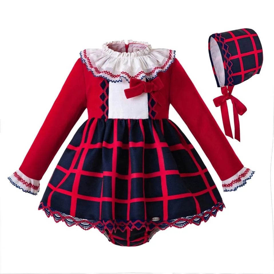 

2022 OEM Pettigirl Baby Girl Wedding Dress Red Plaid Baby Girl Casual Dresses with Cap Retail Baby Clothes Girls Dress