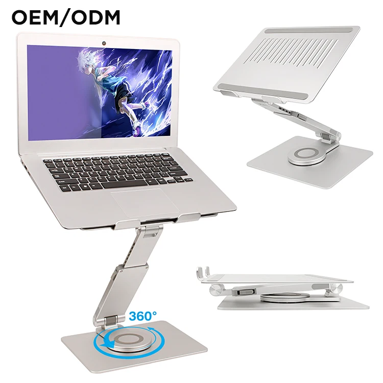 

Great Roc ergonomic laptop riser for standing work multi angle height adjustable aluminum laptop stand with 360 rotating base, Silver