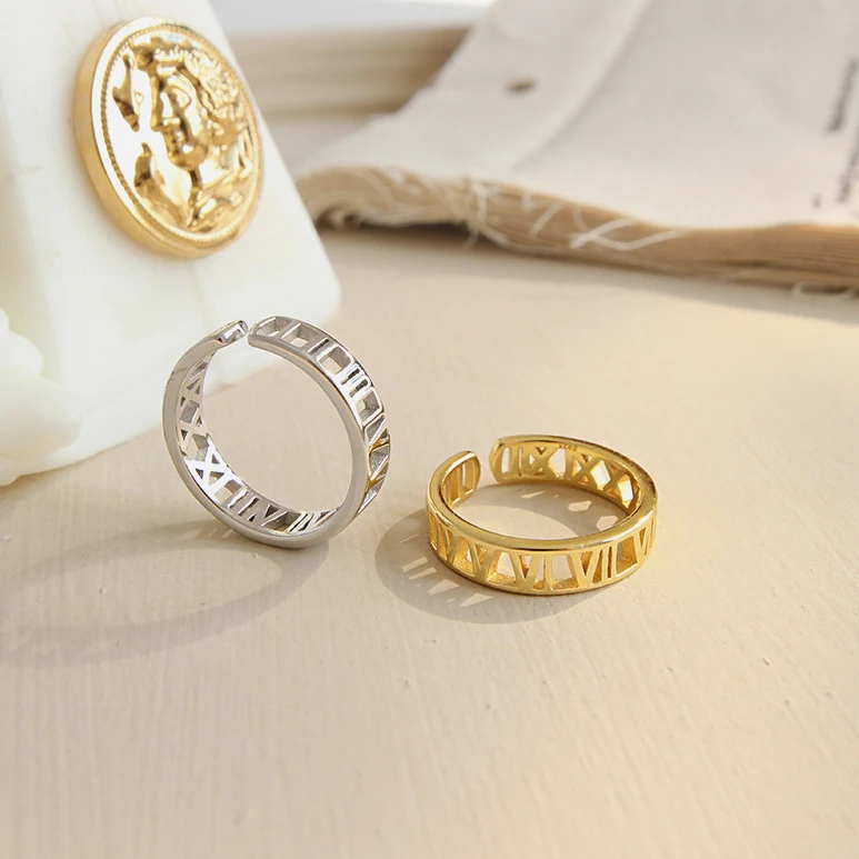 

2020 Fahion Gold 925 Sterling Silver Cuff Rings Wide Adjustable Hollow Roman Numerals Ring Jewelry For Women Men