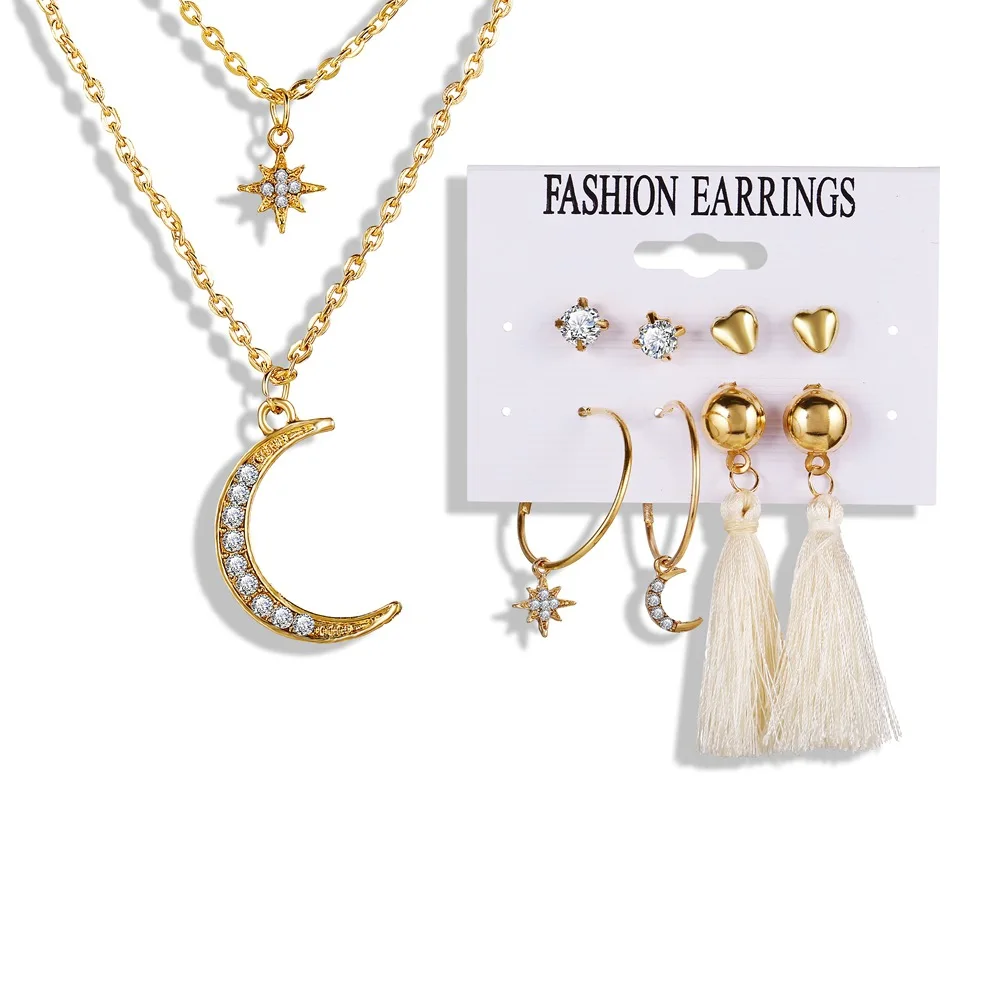 

2021 fashion star earrings crystal moon necklaces alloy jewelry set