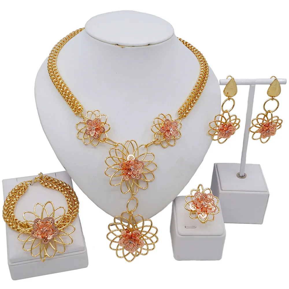 

Dubai Gold Jewelry Set Exquisite Rose Gold Wisp Empty Petal Necklace Set Wholesale Benin Woman Party Costume With Jewelry Sets