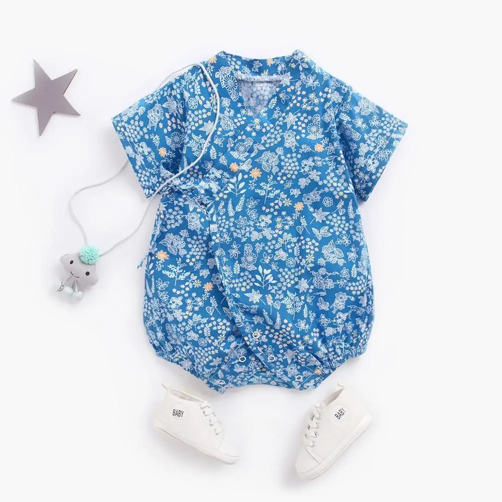 

Summer Thin Blue Floral Kimono Rompers Lace Up Short Sleeves Japanese Baby Clothing