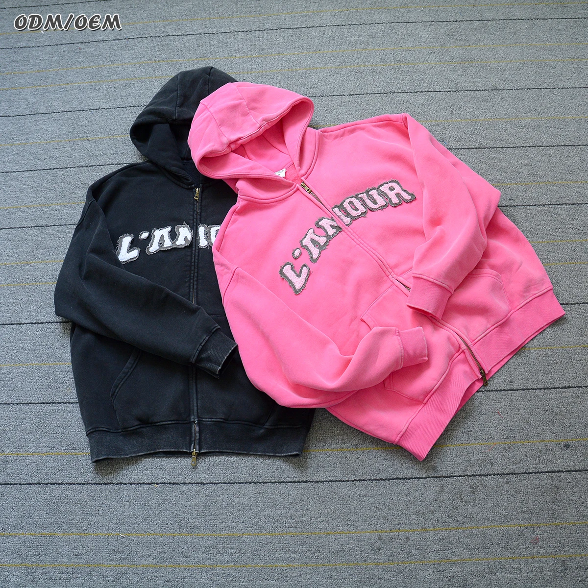 Heavyweight Acid Wash Zip Up Hoodie Distressed Embroidery