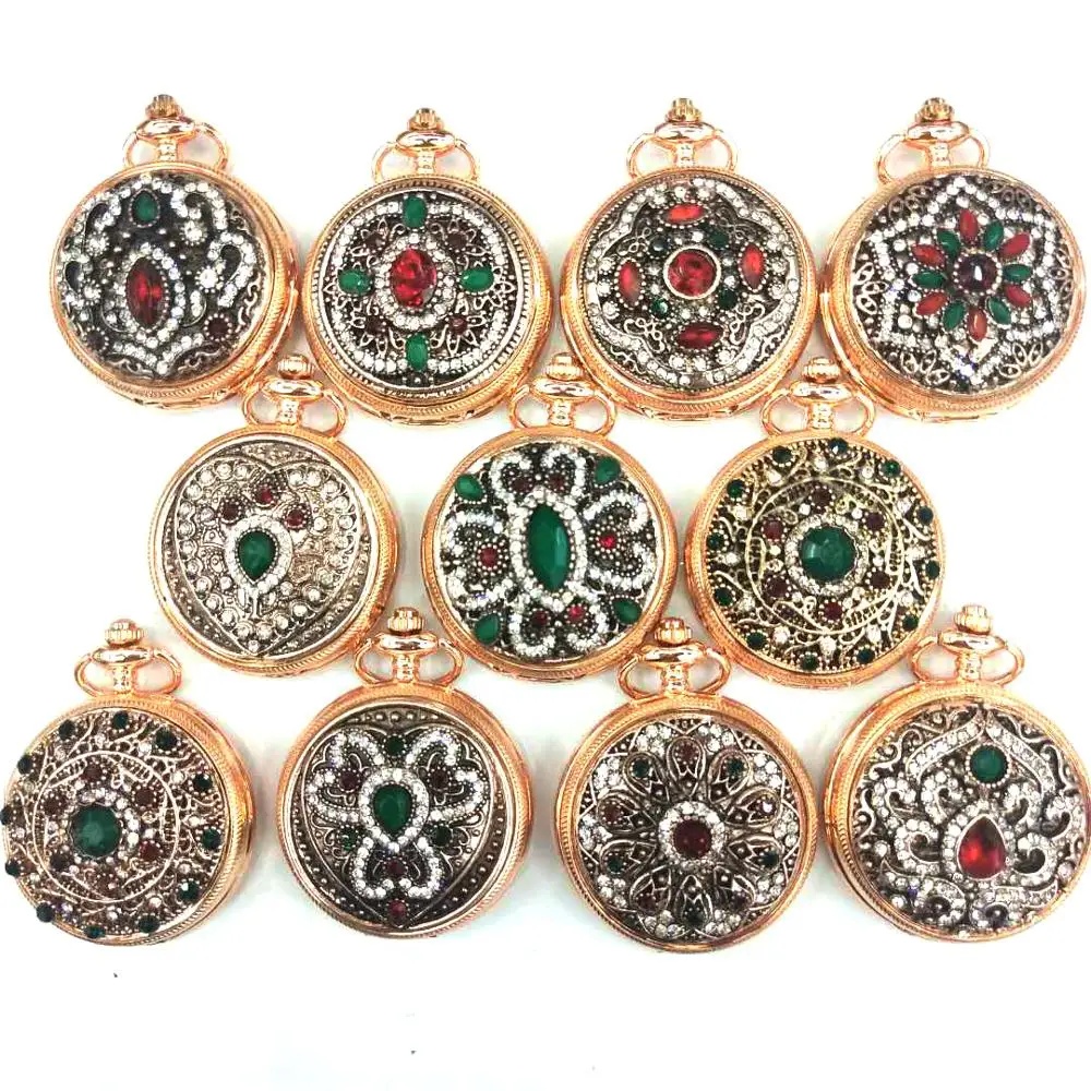 
Custom Brand Your Own Necklace Quartz Pocket Watches Flip Unisex Retro Red Diamond Pocket Watch Fashion Quartz Pocket Watch 